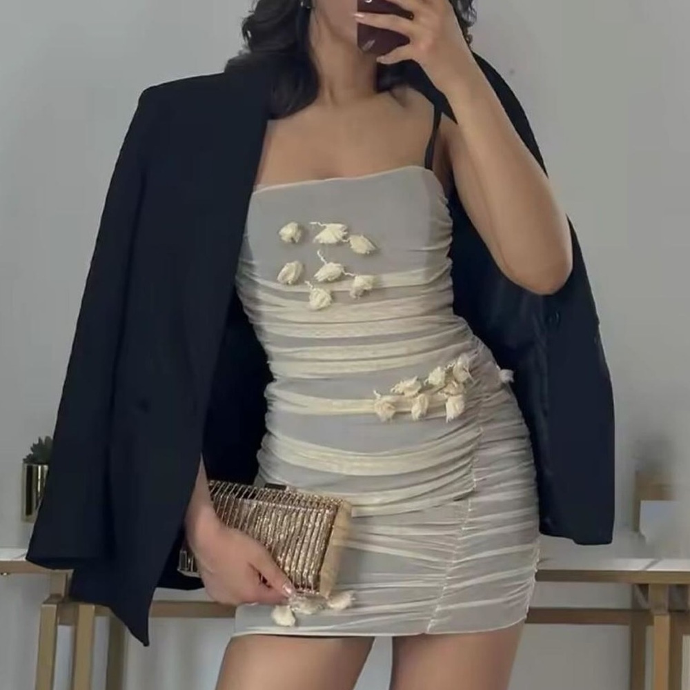 ZARA BEIGE-PINK FLORAL TULLE MINI DRESS REF:0881/327 Size S - Picture 2 of 11
